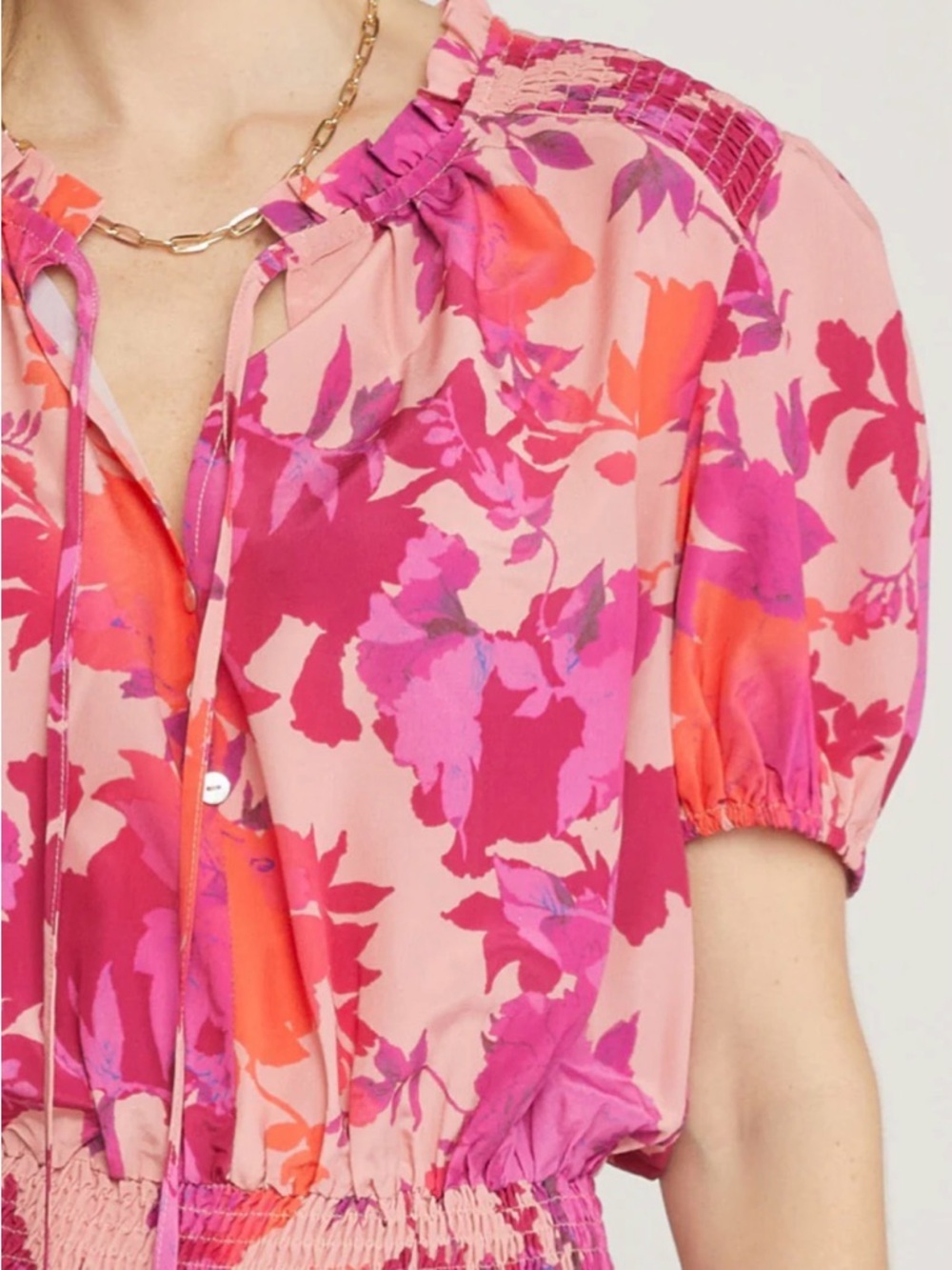 Boutique Vibrant Pink & Coral Floral Smocked Waist Dress by FIRST❤️ LOVE BRB SL4 - Picture 7 of 11